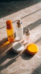 Assorted skincare bottles and containers on marble surface in natural light