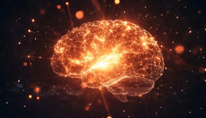 The illustration shows a human brain represented as a network of glowing connections and nodes against a dark background, suggesting neural activity or complex data processing.