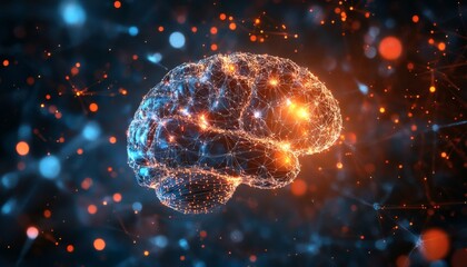The illustration shows a detailed 3D model of a human brain, with its neural pathways highlighted by glowing orange and blue lines against a dark background.