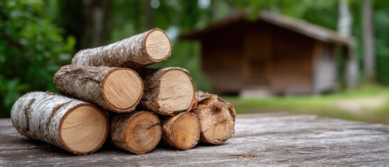 Firewood is neatly stacked on lush grass, showcasing the warm colors of the logs beside a charming wooden cabin in the background