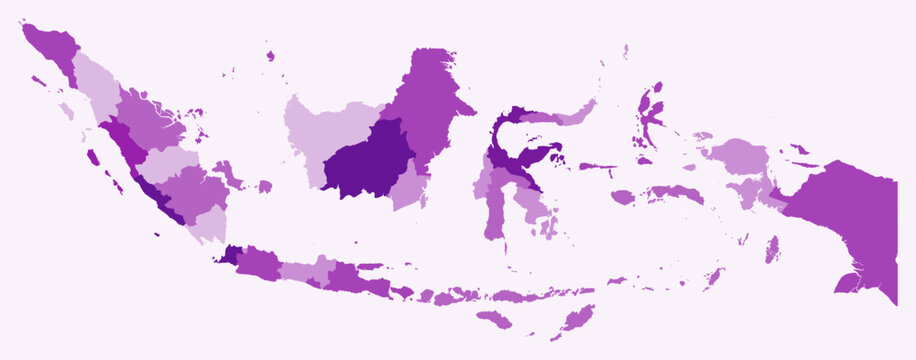 Map of Indonesia with regions. Just a simple country border map with region division. Purple color palette. Flat Indonesia shape with administrative division. Vector illustration.