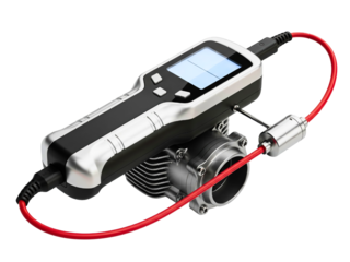 Digital vibration analyzer connected to an engine component on a transparent background