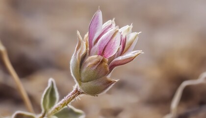 The image shows a single, unopened flower bud with soft pink and white petals against a blurred brown background.