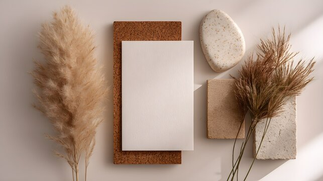 A minimalist arrangement features a blank white sheet of paper atop two earthy-toned pieces, complemented by a bouquet of soft, dried pampas grass. The soft color palette radiates calm and simplicity.