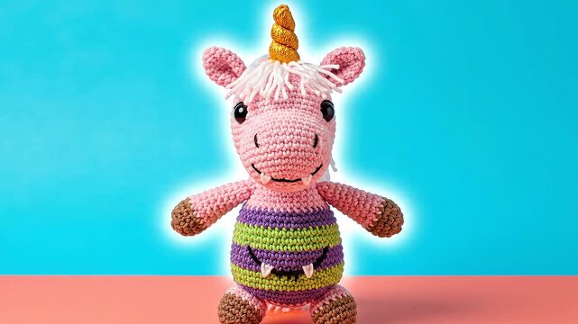 Cute crocheted unicorn with pink mane and striped body on a blue background, crafted with yarn