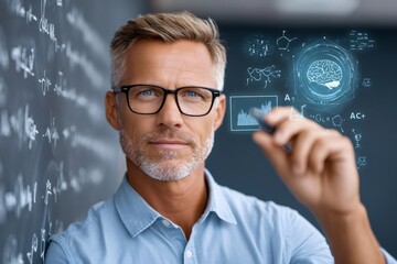 Mature man interacting with futuristic brain hologram technology