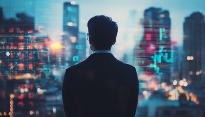 A man in a suit stands before a window overlooking a city at night; a digital overlay shows data streams and patterns.
