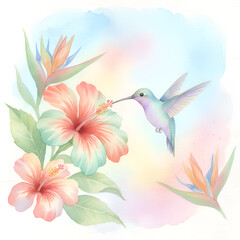 Obraz premium A hummingbird hovering near a tropical flower.