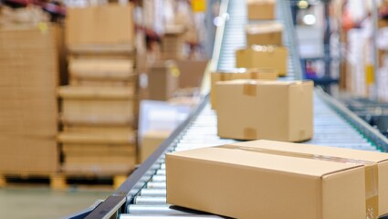 Packed cardboard boxes move along a busy warehouse conveyor belt