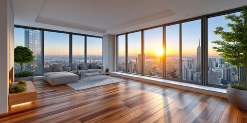 Fototapeta premium Luxury penthouse living room with new york city sunset view
