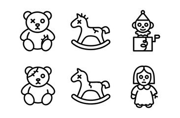 Creepy kids toys set: bear, rocking horse, clown and doll in outline style
