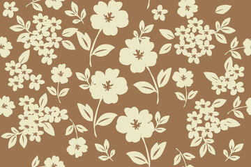 Charming beige floral pattern on a warm brown background, offering a vintage and cozy feel for fabric, wallpaper, and home décor designs.