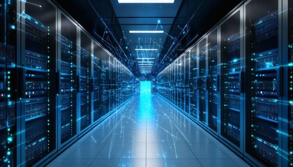 The illustration shows a long hallway of server racks with blue data streams flowing between them, illuminating the space.