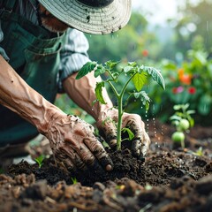 Elderly gardener planting tomato seedling