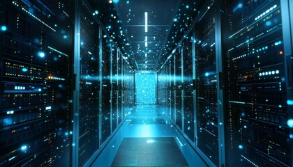 The image shows a long corridor of server racks in a data center, with bright blue lights and particles floating in the air.