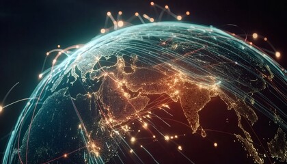 The illustration shows a stylized Earth with glowing points of light representing cities and lines indicating global network connections.