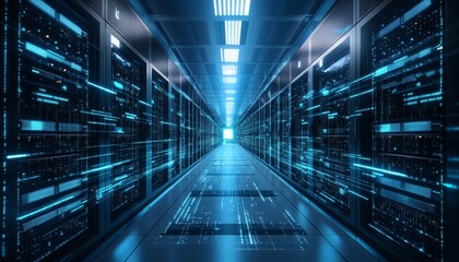 The illustration shows a long corridor of dark-colored servers with bright blue data streams flowing through them, illuminating the space.