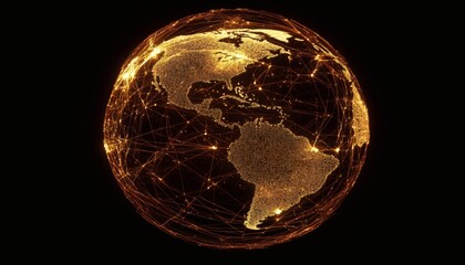 A 3D rendering shows the Americas and parts of Europe and Africa, with a network of connections between glowing points of light on a dark background.