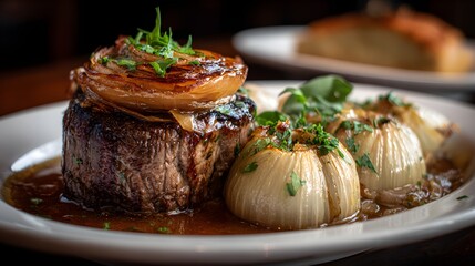 A perfectly seared filet mignon sits at the center of the plate, topped with a caramelized onion. Surrounding it, tender whole onions swim in a rich, savory sauce, garnished with fresh herbs.
