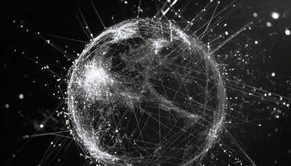 An illustration shows a sphere-shaped network with bright white lines and dots, radiating outward against a dark background.