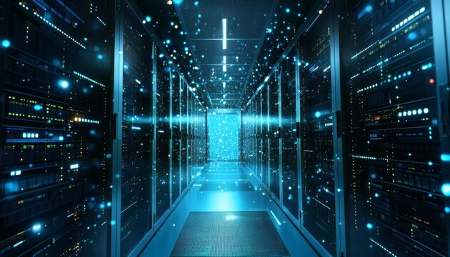 The image shows a long corridor of server racks in a data center, with bright blue lights and particles floating in the air.