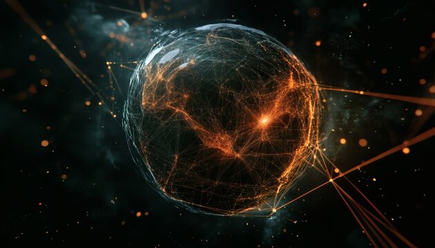 An illustration depicts a sphere enveloped in a complex network of glowing orange lines, set against a dark background with subtle particles.