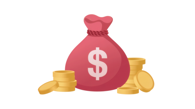 A stylized pink money bag with a white dollar sign symbol and gold coins scattered around it isolated on transparent background