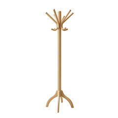 Minimalist wooden coat rack. Modern standing hanger for home interior, entryway, or bedroom decor. Isolated on white or transparent background. PNG format.