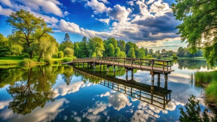 Ancient wooden bridge spans serene lake surrounded by lush greenery and majestic trees under clear blue sky with few wispy clouds