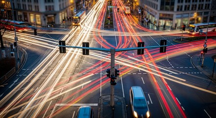 Busy city intersection at night with light trails from cars crossing paths. Urban traffic scene showcases dynamic movement with illuminated streets and vibrant colors.