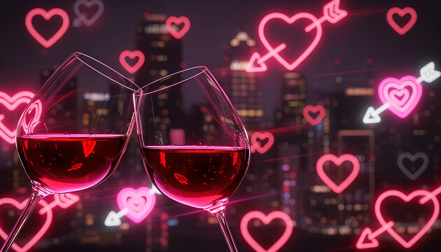 Two wine glasses clinking with heart symbols in urban night background, Valentine's Day, space for text  