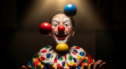 Naklejka premium Clown juggling colorful balls under spotlight with joyful expression. Clown showcases skills with red, blue, and yellow balls while entertaining audience.