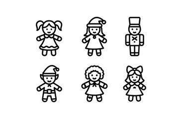 Charming holiday line art: toy characters in minimalist black and white design