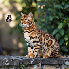 A Bengal Cat Sits Alertly on A Brick Wall, its Eyes Fixed on A Delicate Butterfly Fluttering Nearby. The Cat's Beautifully Marked Coat Contrasts with the Vibrant Greenery of the Garden Backdrop
