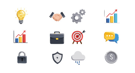 Collection of Business Icons representing ideas, partnership, industry, growth, security, and financial concepts for modern presentations and digital platforms
