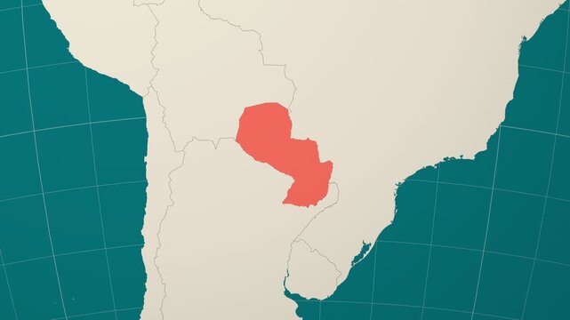Paraguay map. Animated zoom into the country on the Globe in Teal Pale Mint color palette. Country logo animation. Map with meridians, parallels. Vibrant video.