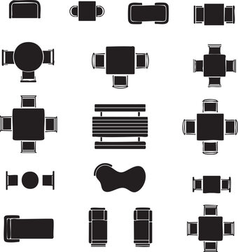 Outdoor Table and Chair Silhouettes, Patio Furniture Vector, Top Down Plan View, Minimal Design, Isolated Flat Icons