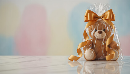 Teddy bear gift wrapped with ribbon on a colorful background, Valentine's Day, space for text
