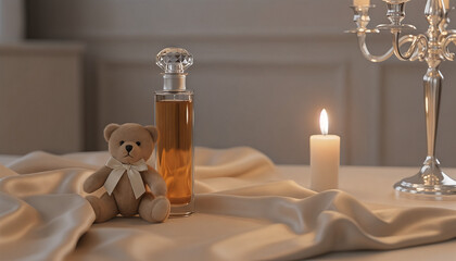 Cozy evening setup with teddy bear, perfume bottle, and candle for Valentine's Day  