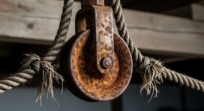 Rusty Pulley with Rope - A Vintage Industrial Detail.