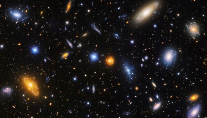 The illustration shows numerous galaxies of varying shapes, sizes, and colors, dispersed against a black background representing the vastness of space.