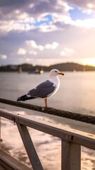 Obraz premium Seagull perched on a dock at sunset