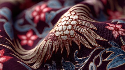 Exquisite patterned textile with floral and foliate motifs on deep maroon fabric