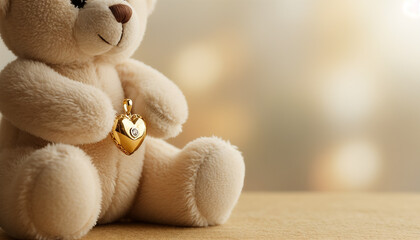 Teddy bear holding a heart pendant in soft light for Valentine's Day, space for text  