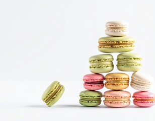 Colorful sweet macarons are neatly stacked in a pyramid shape on a bright white background, with one pastel macaron gently tilting.