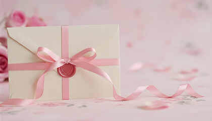Elegant envelope tied with pink ribbon on soft pink background for Valentine's Day, space for text  