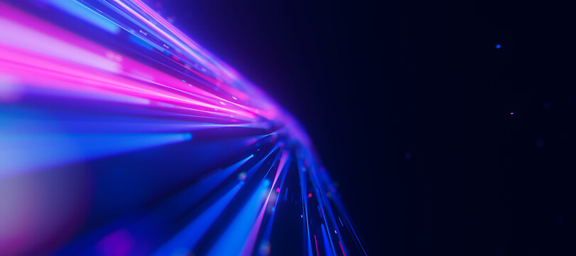 Bigdata light speed planar flow to infinity. Abstract digital data stream of quantum computing. Cyberspace of qubit trails. Modern tech information transmission.