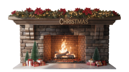Cozy stone fireplace adorned with christmas garland and poinsettias with gifts and trees isolated on transparent background