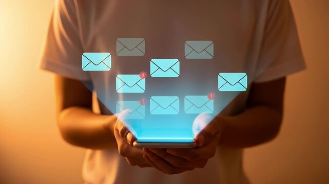 New Email Notification Concept. Person checking inbox smartphone and laptop with envelope icons representing new email notifications, communication, mail alert, digital marketing and connectivity. - Powered by Adobe
