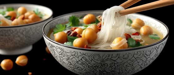 Noodles topped with savory meat, garnished with herbs, ready to be enjoyed using chopsticks in a warm setting